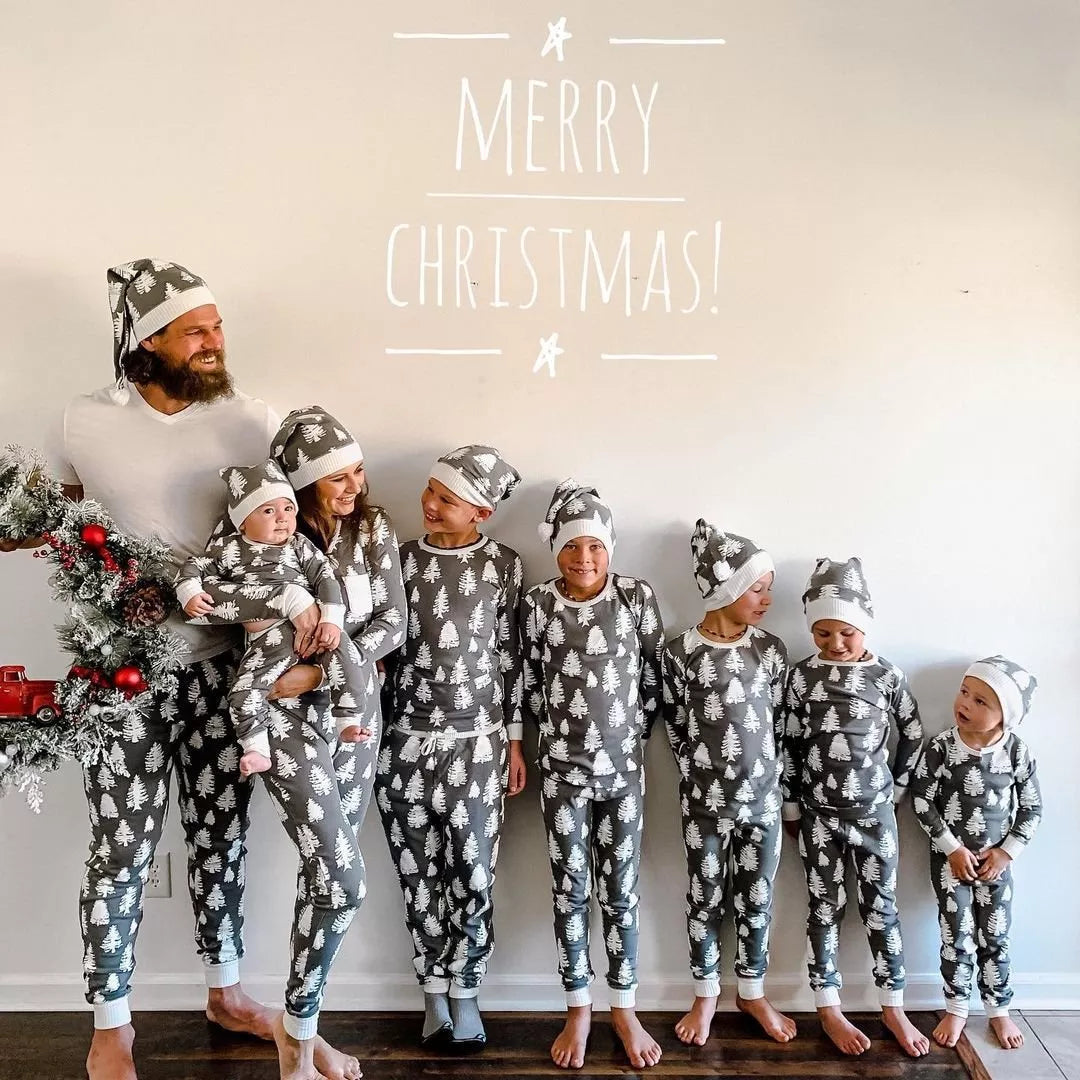 Gray & White Christmas Tree Print Family Matching Pajamas - Xmaspajamas