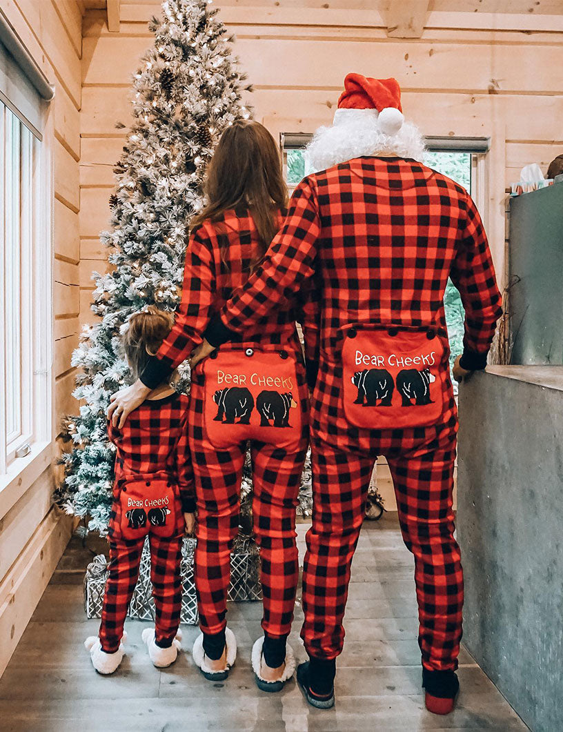 Cute Bear Pattern Plaid Onesies Christmas Family Matching Pajamas Set  (with Pet Dog Clothes) - Xmaspajamas