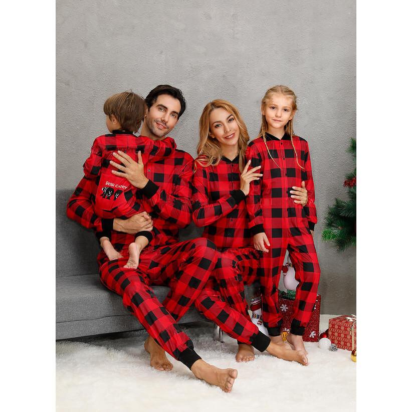 Cute Bear Pattern Plaid Onesies Christmas Family Matching Pajamas Set  (with Pet Dog Clothes) - Xmaspajamas