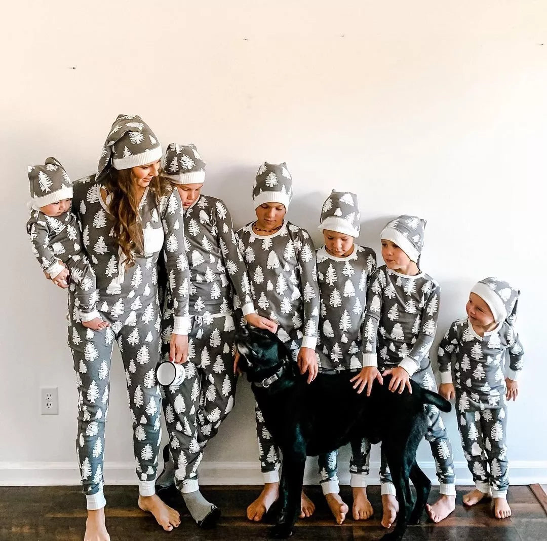 Gray & White Christmas Tree Print Family Matching Pajamas - Xmaspajamas