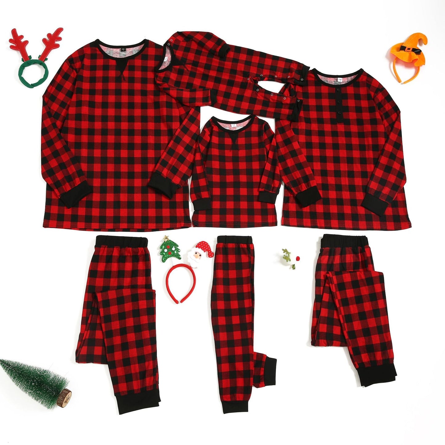 Christmas Black-Red Plaid Family Matching Pajamas Set  (with Pet Dog Clothes)（复制） - Xmaspajamas