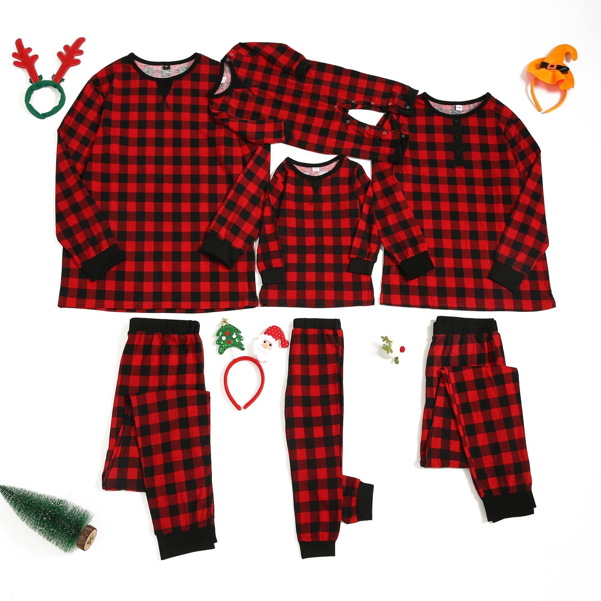 Christmas Black-Red Plaid Family Matching Pajamas Set (with Pet Dog Clothes) - Xmaspajamas