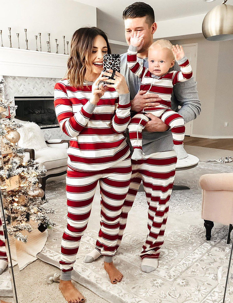 Red and White Striped Round Collar Matching Pajamas Set(with Pet Dog Clothes) - Xmaspajamas