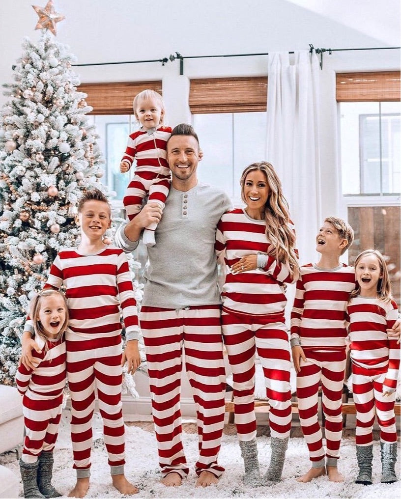 Holiday Red and White Striped Family Matching Pajamas Set (with Pet Dog Clothes) - Xmaspajamas