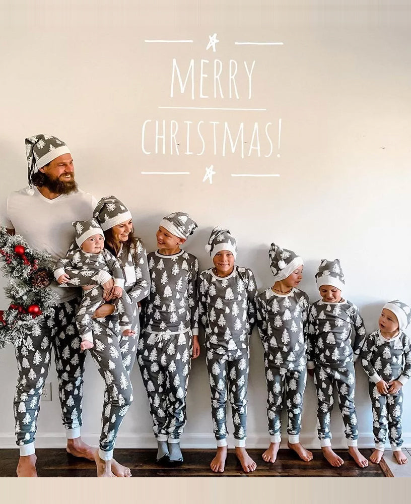 Gray & White Christmas Tree Print Family Matching Pajamas - Xmaspajamas