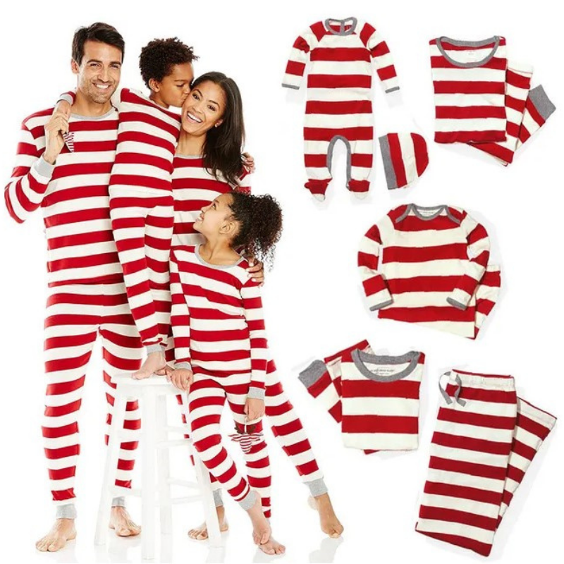 Holiday Red and White Striped Family Matching Pajamas Set (with Pet Dog Clothes) - Xmaspajamas