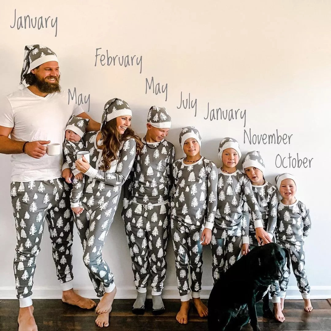 Gray & White Christmas Tree Print Family Matching Pajamas - Xmaspajamas