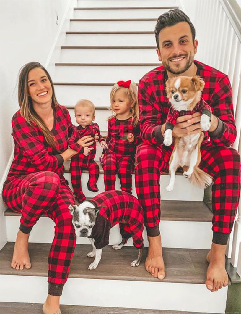 Christmas Black-Red Plaid Family Matching Pajamas Set  (with Pet Dog Clothes)（复制） - Xmaspajamas