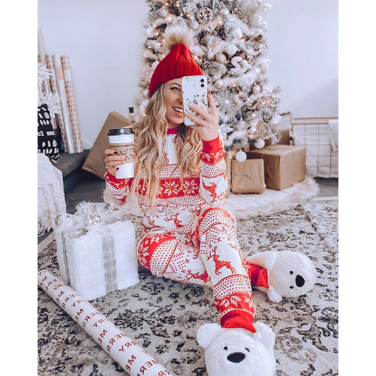 Red Reindeer Print Stitching Christmas Family Pajamas Set - Xmaspajamas