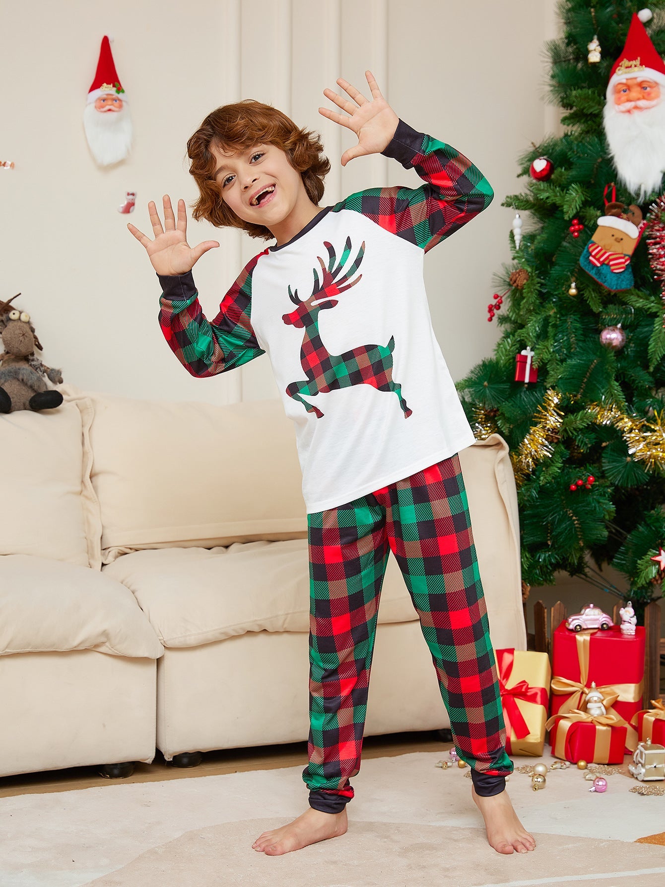 Christmas Checkered Deer Family Matching Pajamas Sets (with Pet's) - Xmaspajamas