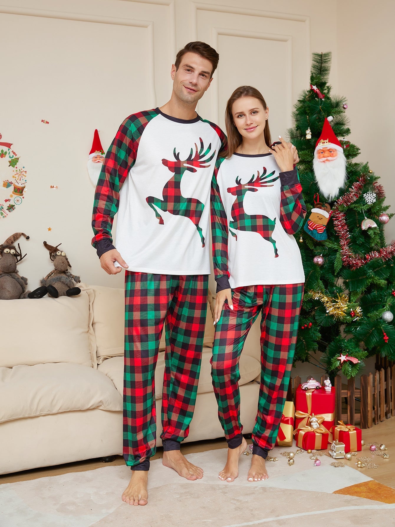 Christmas Checkered Deer Family Matching Pajamas Sets (with Pet's) - Xmaspajamas