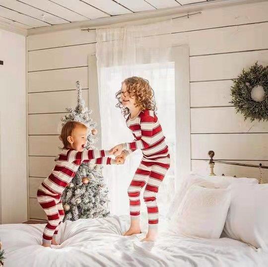 Red and White Striped Round Collar Matching Pajamas Set(with Pet Dog Clothes) - Xmaspajamas