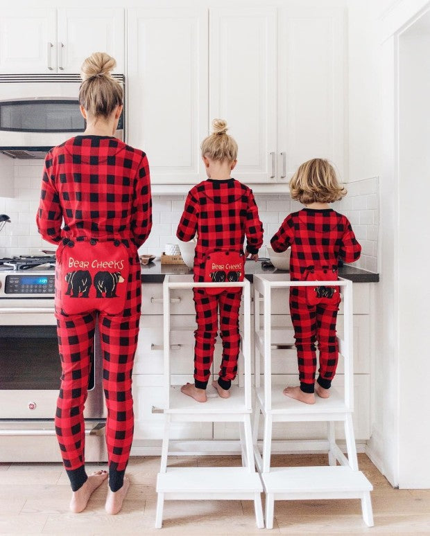 Cute Bear Pattern Plaid Onesies Christmas Family Matching Pajamas Set  (with Pet Dog Clothes) - Xmaspajamas