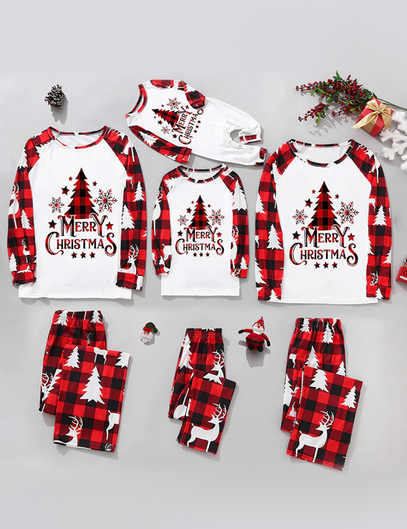 Red Plaid Christmas Tree Pattern Family Matching Pajamas Sets (with Pet's dog clothes) - Xmaspajamas